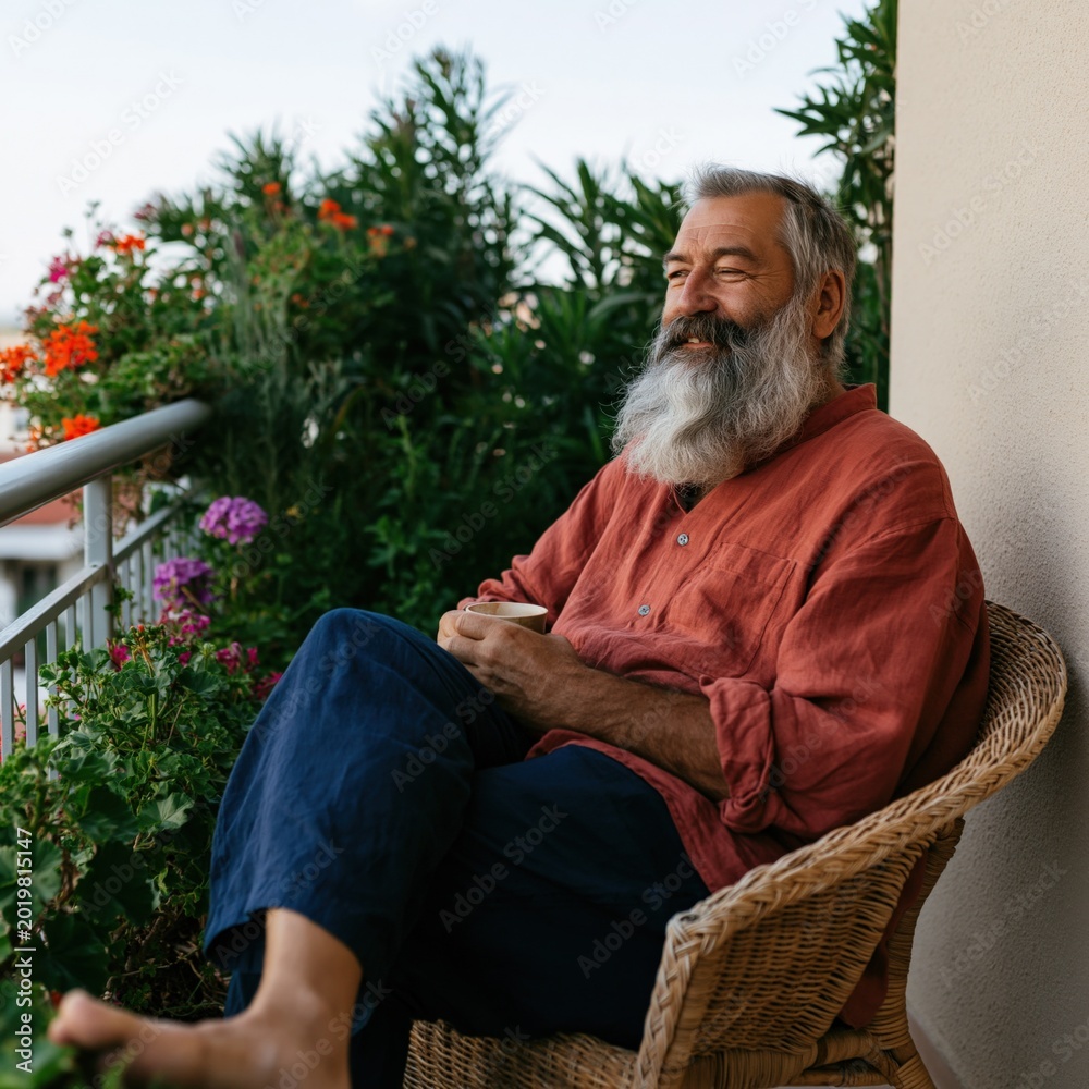 Fototapeta premium Relaxed bearded man enjoying coffee on a plant filled balcony for lifestyle background and banner use