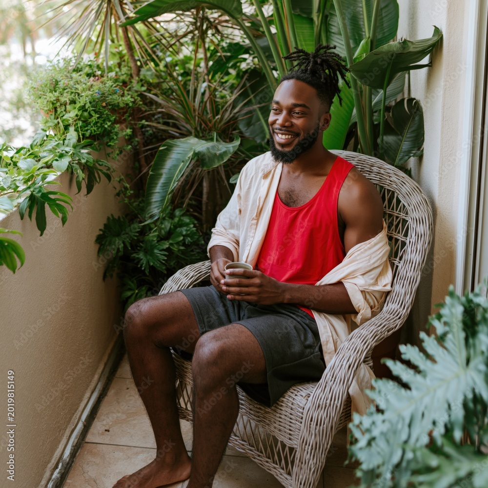 Fototapeta premium Smiling man seated in a wicker chair on a lush balcony holding a cup of coffee for wellness lifestyle background and social media content