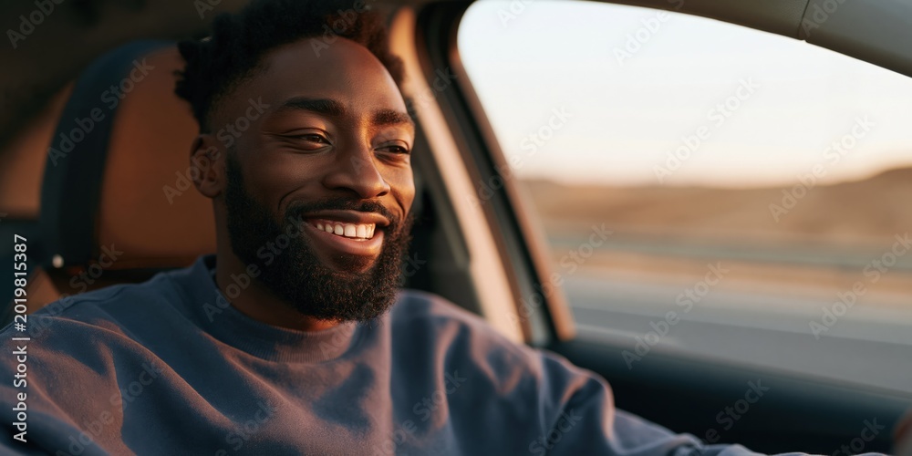 Obraz premium Smiling young man driving car at sunset for lifestyle website banner and advertising background