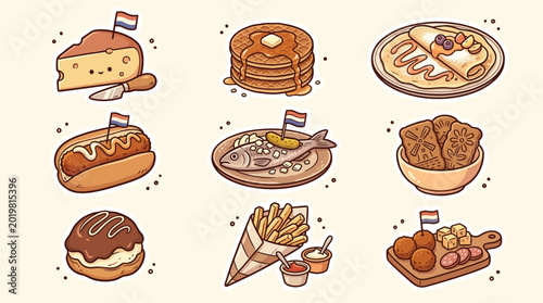 Bild auf Leinwand A delightful collection of traditional Dutch foods, including cheese, pancakes, stroopwafels, herring, fries, and bitterballen, all adorned with small Dutch flags