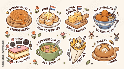 Quadro su tela A charming illustration showcasing a variety of popular Dutch foods and treats, including stroopwafels, mini poffertjes, gouda cheese, bitterballen, drop, tompoes, erwtensoep, frietjes, and bread