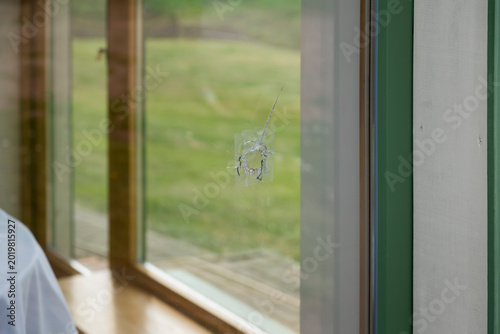 Temporary Fix on a Broken Window Overlooking a Garden.