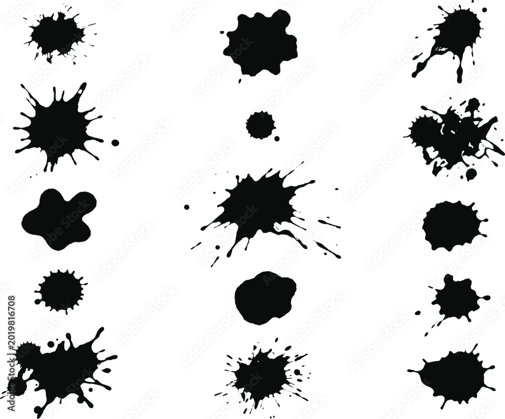Fototapeta premium Black ink splatters and paint splashes vector illustration set, grunge texture elements, isolated on white background.