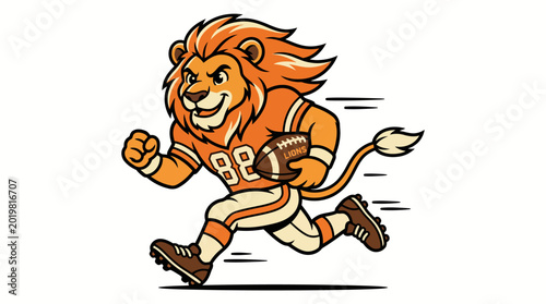 Lion mascot running with American football in orange team uniform