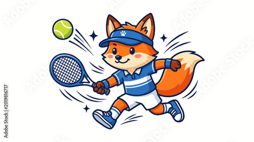 Cute athletic fox mascot playing tennis with racket and ball