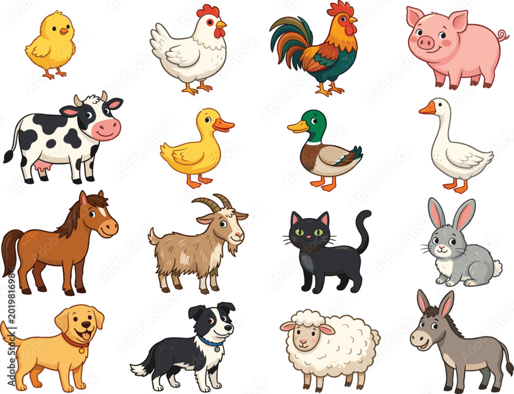 Fototapeta premium Cute farm animals set vector illustration, cartoon domestic livestock and pets, isolated on white background.