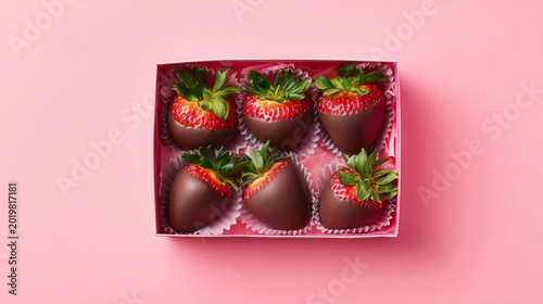 Top view of chocolate-covered strawberries arranged in gift box, minimal pink background. Generative AI image