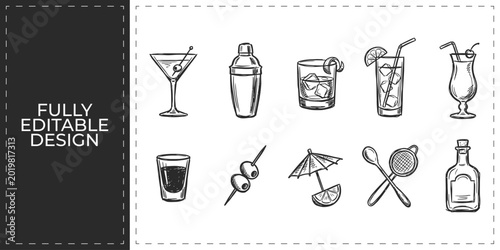 Canvas-taulu Hand drawn bar cocktail and summer drink icons with martini glass shaker and lim