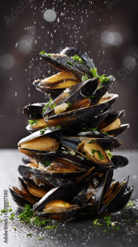 Tower of mussels in white wine sauce, garlic and parsley falling from above, condensation on shells, elegant bokeh background. Generative AI image