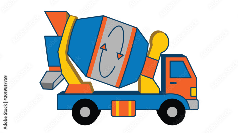 Naklejka premium Modern stylized 3d cement mixer truck icon with blue and orange details isolated on a clean white background representing construction and industry concepts with a simple flat