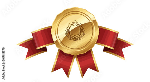 Golden Award Ribbon with Emblem, Symbol of Achievement and Victory