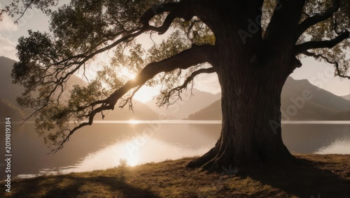 Majestic old tree by serene lake at sunrise, sun rays piercing through branches, mountains in background