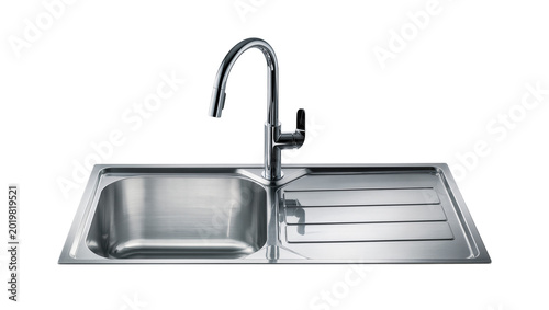 Tableau sur toile Polished stainless steel kitchen sink with chrome faucet, isolated on transparen