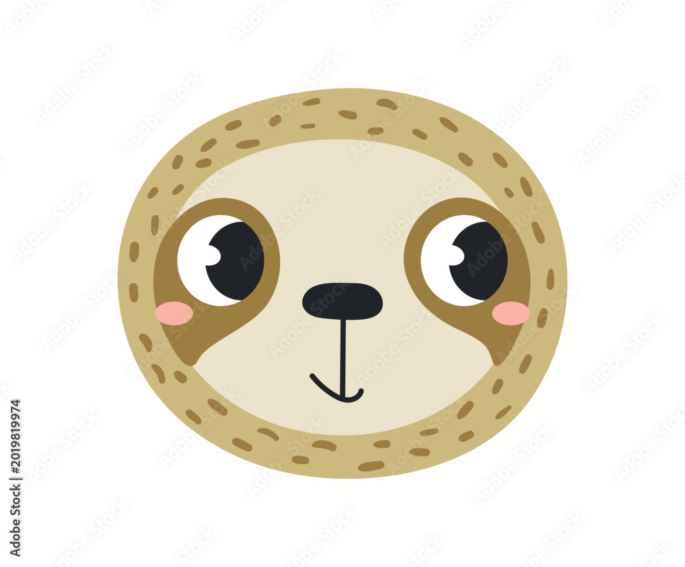 Obraz premium Cute little sloth face illustration isolated. Kawaii cartoon character. Wild animal, baby animal, wildlife, nature, fauna. Kids print, design element, clip art. Hand drawn flat vector
