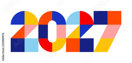 Free Download 2027 New Year design with abstract geometric pattern isolated. Vintage, retro decorative shapes, tiles on grid. Holiday typography. Vector illustration, clip art element on transparent background - GFXLoad