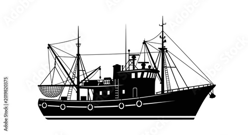 Fotografie Black silhouette of a commercial fishing trawler isolated on a white background
