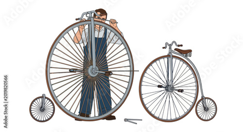 Foto Illustration of a mechanic repairing vintage penny-farthing bicycles on white ba