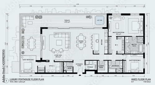 Obraz na plátne Detailed luxury penthouse floor plan with dimensions, large terrace, and hot tub