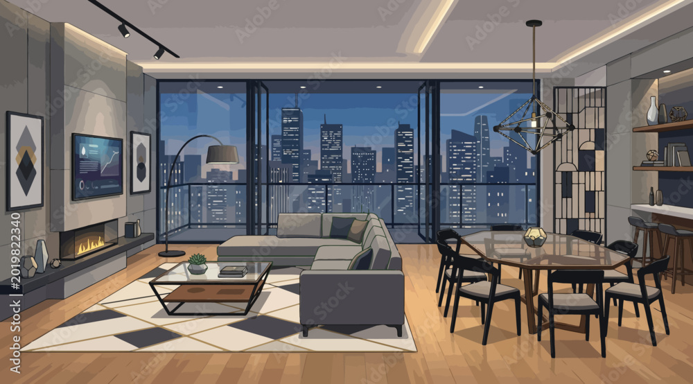 Fototapeta premium Modern luxury living room interior with panoramic city view at night