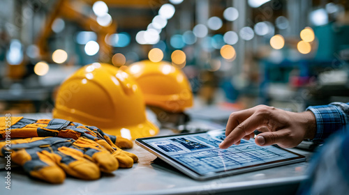 A digital tablet showing technical inspection schematics on a factory work table beside hard hats and safety gloves, industrial inspection, maintenance process, modern factory,