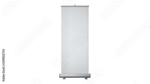 Obraz na plátne Silver metal roll-up banner stand with blank white display, isolated on transpar