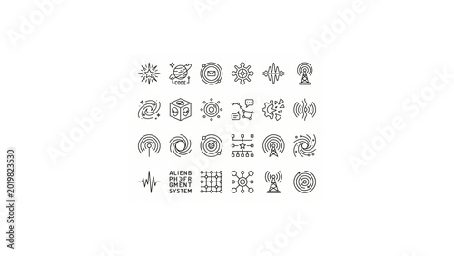 Minimal Cosmic Signal Language Icon Set – Thin Line Black Outline Alien Communication Vector Icons Grid
