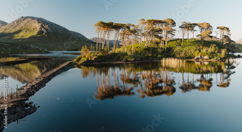 Obraz na płótnie Twelve Pines Island reflects in calm Derryclare Lough as evening light touches the trees and Connemara mountains in County Galway