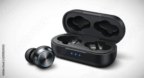 Modern black wireless earbuds with charging case on white background