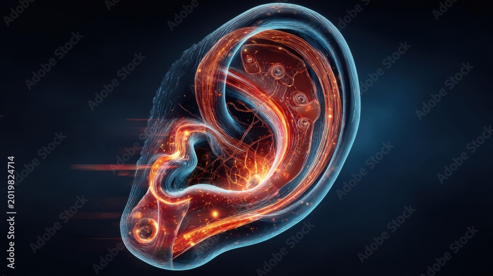 Fototapeta premium Digital illustration of a human ear with internal anatomy showing detailed structures and parts in vibrant colors