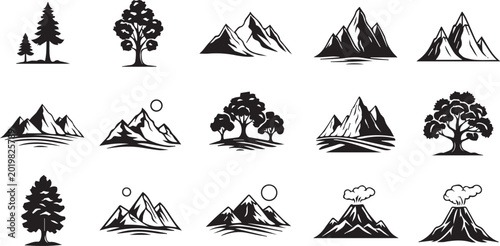 Vintage mountain and tree icons set, black and white nature landscape vector elements, 15 rustic outdoor adventure symbols for logo design