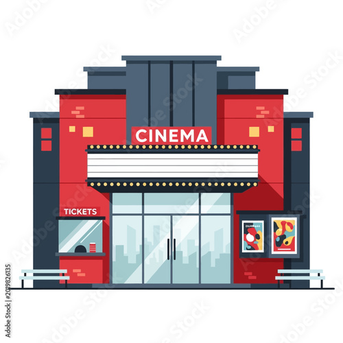 Cartoon Cinema Building - Movie Theater Facade Illustration