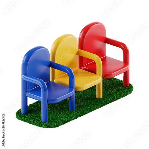 3d Cartoonish colorful Seats in a Soccer Dugout on Green Grass icon isolated on white background