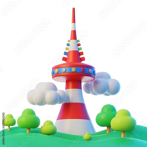3d Cartoonish colorful radio tower with clouds trees and green base isolated on white background
