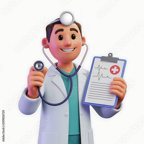  3d Cartoonish Doctor Holding Stethoscope Clipboard with Heartbeat and Cross Icons  isolated on white background