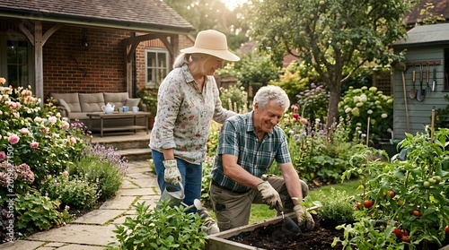 Older couple gardening together outdoors