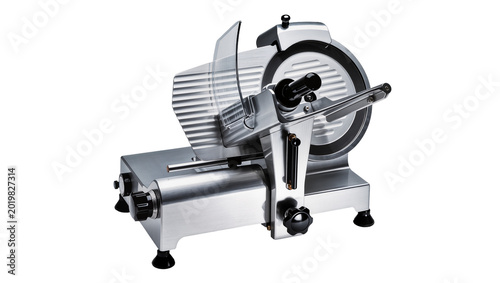 Tableau sur toile Commercial meat slicer with sharp blade and control knobs, isolated on transpare