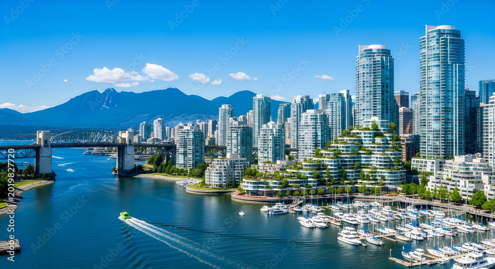 Fototapeta premium Modern city skyline with marina and waterfront buildings under clear sky