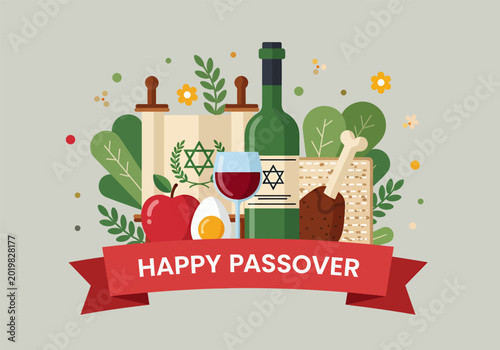 Schilderij op canvas Happy passover with traditional foods illustration