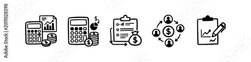 Set of hand-drawn business and finance icons featuring calculators, coins, money bags, charts, and clipboards. Ideal for accounting, financial planning, and economic analysis.