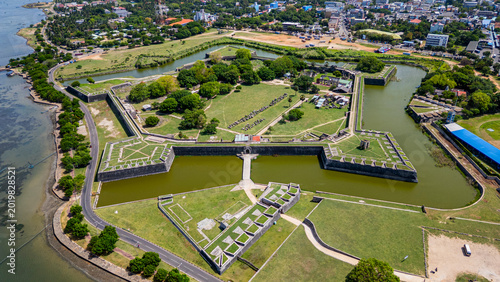 View of Jaffna Dutch Fort showing its large walls and green space in Jaffna, capital of the Tamil region, Sri Lanka