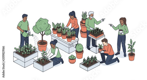 Diverse group of people planting and watering in an urban community garden illustration