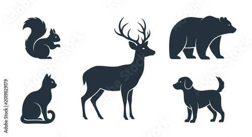 Photography Black animal silhouettes set including deer bear cat dog and squirrel on white b