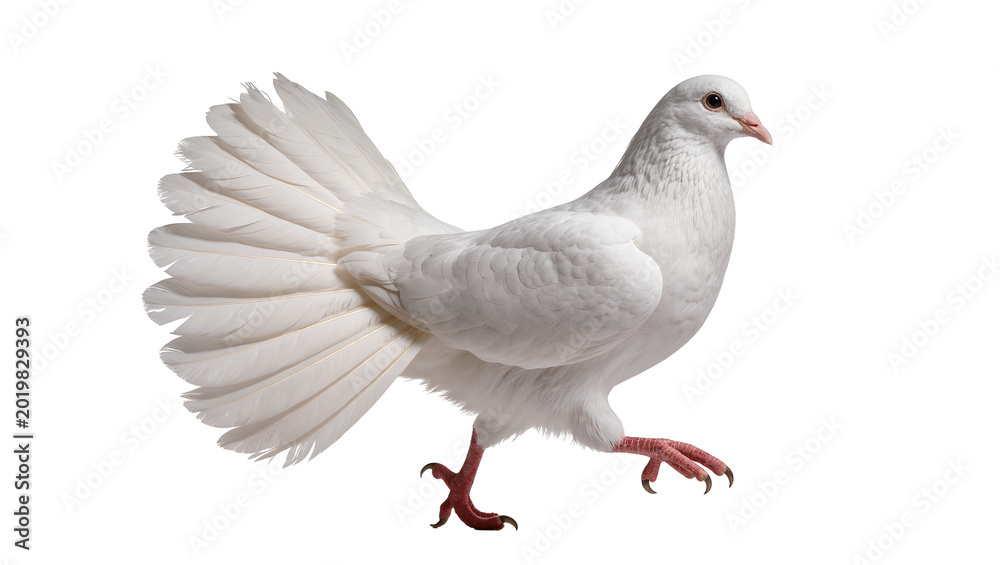 Obraz premium Elegant white dove with fanned tail feathers, isolated on transparent background