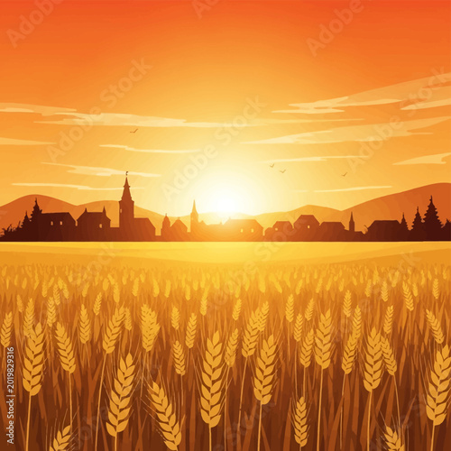 Vector illustration of a golden wheat field at sunrise with a silhouette of a rural village town and mountains in the background under an orange sky with birds flying.