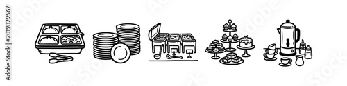 Bild auf Leinwand Hand-drawn buffet catering icons set featuring warming trays, plates, chafing dishes, dessert displays, and coffee service
