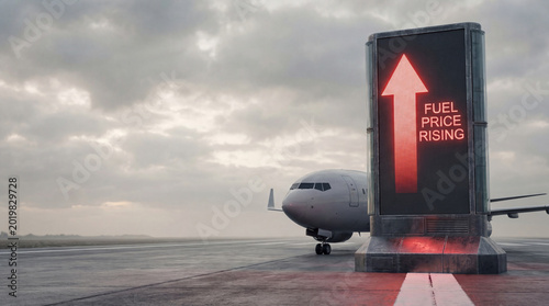 Airplane on runway with red arrow sign showing fuel price rising. Economic crisis and high inflation impact on air travel industry. Global aviation transport cost and energy hike.