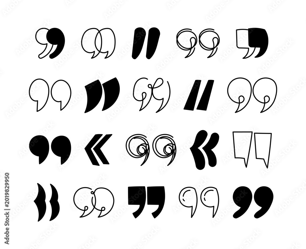 Fototapeta premium Quote mark icon set featuring quotation punctuation comma apostrophe citation dialogue speech typography symbol glyph pair curved