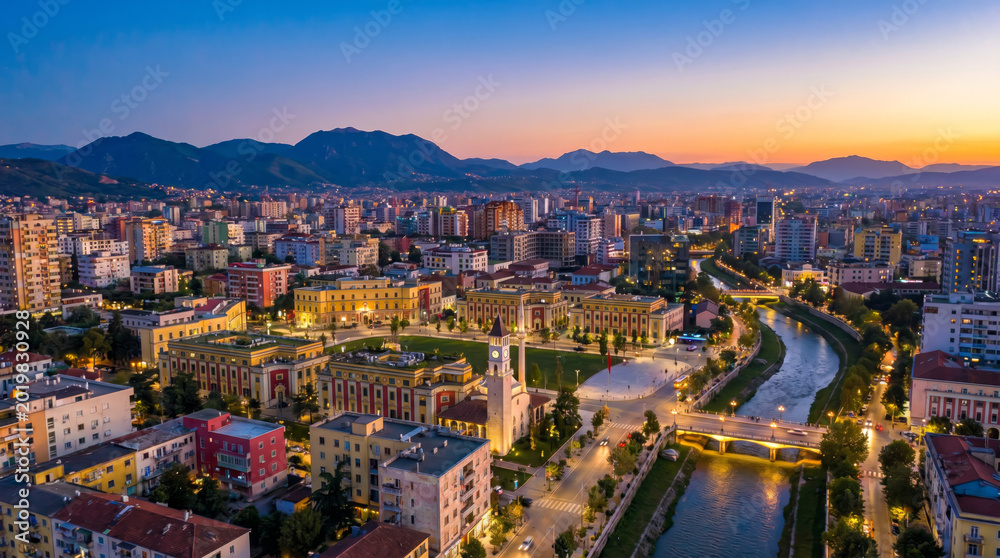 Fototapeta premium Panoramic aerial view of Tirana city skyline at dusk with a river flowing through the urban landscape.