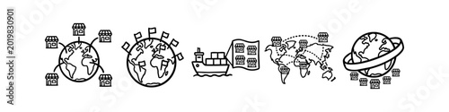 Canvas Print Set of global business and retail logistics icons featuring globes, world maps, cargo ships, and storefronts, symbolizing international trade, franchising, and worldwide delivery networks