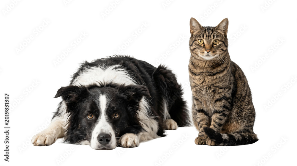 Fototapeta premium Border Collie Dog and Tabby Cat Sitting Together on White Background.